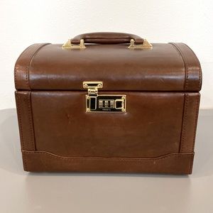 Leather train case with combo lock, classic chestnut brown with gold hardware